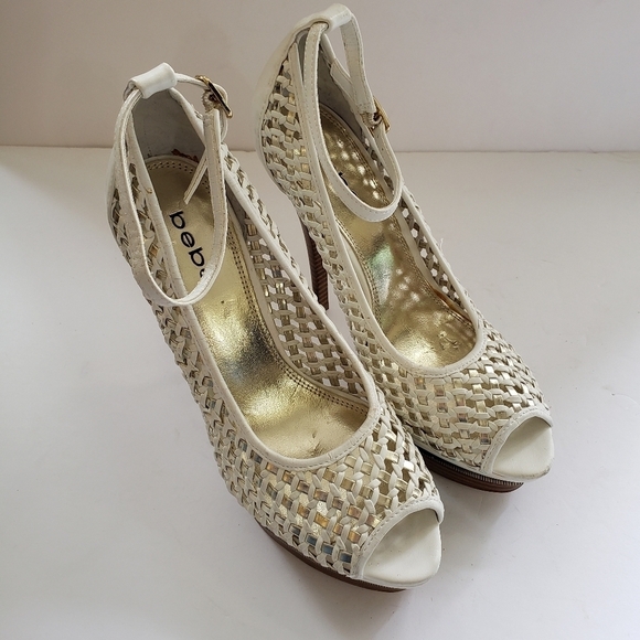 Bebe Nina White Weave Peeptoe Platform Heels Sz 10 - Picture 1 of 10